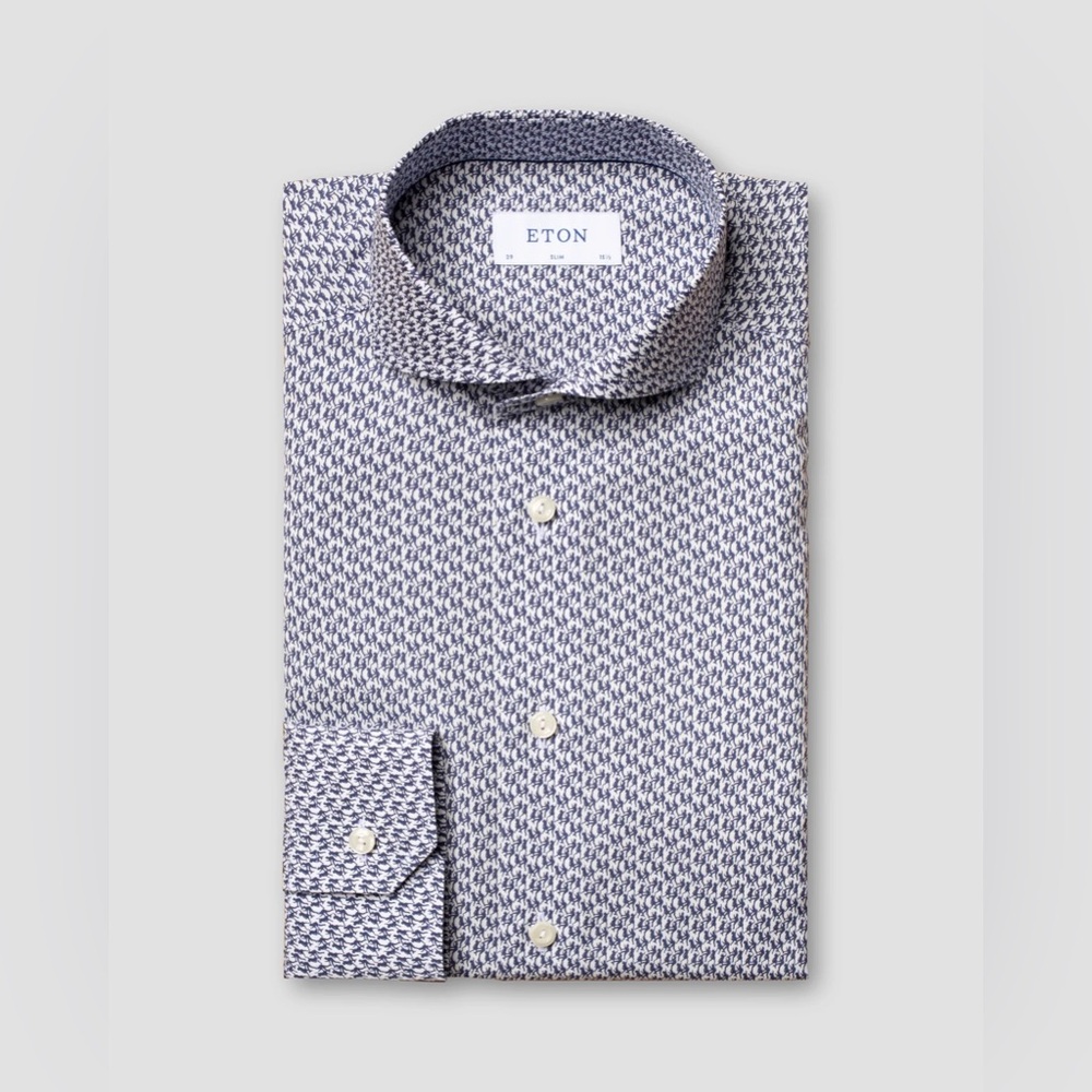 Eton mens 15.5 39 slim fit blue white jazz dance print cotton dress shirt EUC